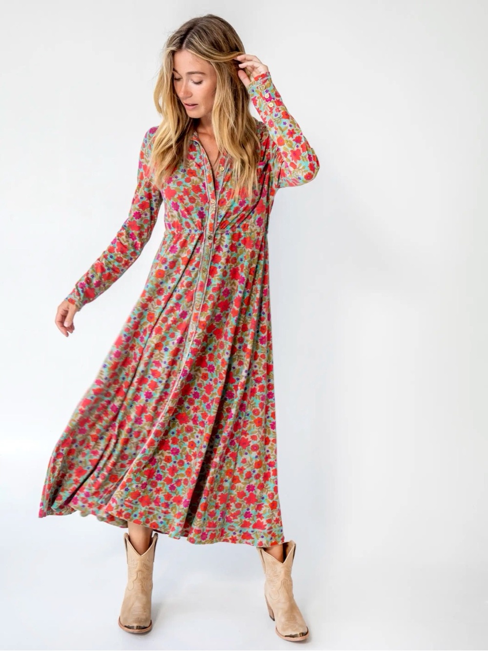 Natural Life XL Floral Button Front Cotton Maxi Shirt Dress Boho Cottagecore
